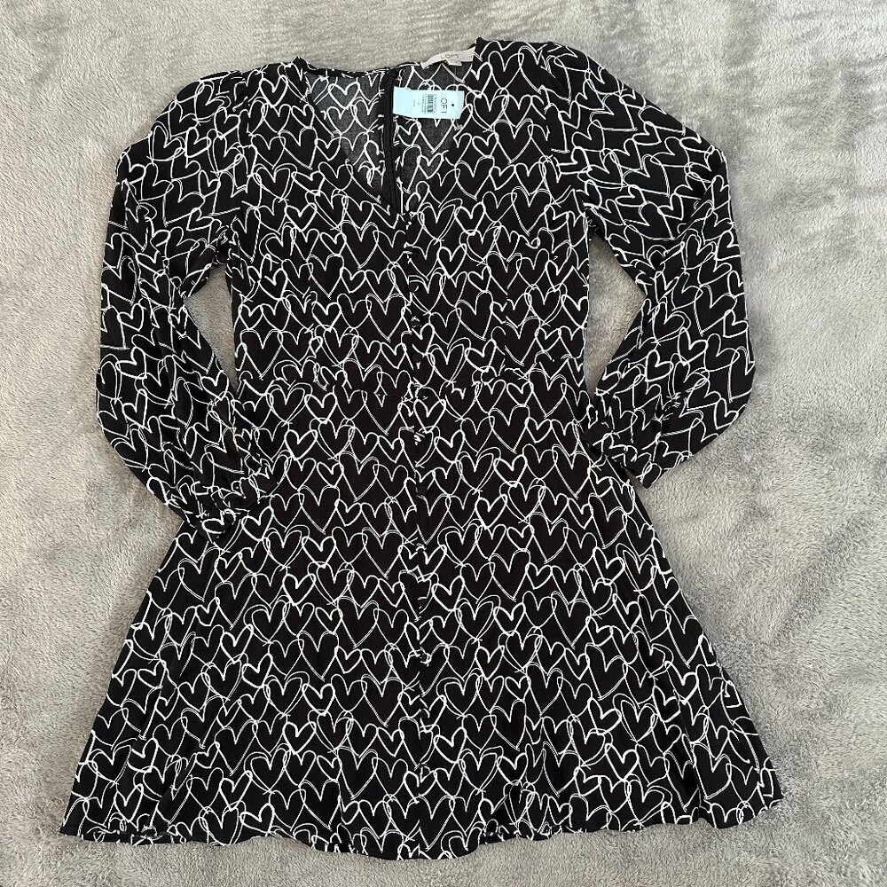 NWT Ann Taylor LOFT Black Hearts Dress Women's 4 Petite 4P Long Sleeve Black